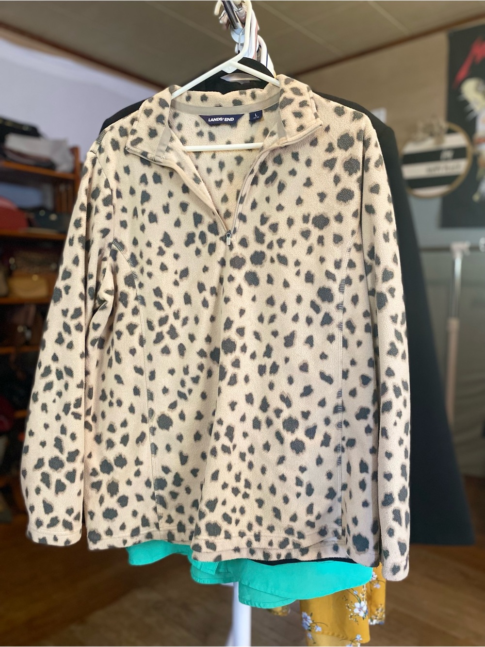 Lands' End Cream Fleece Quarter Zip Pullover with Gray Spot Animal Print - Picture 1 of 4